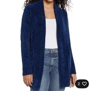 Orvis Women's Cardigan Sweater Soft Knit Oversized Chenille Pockets Blue